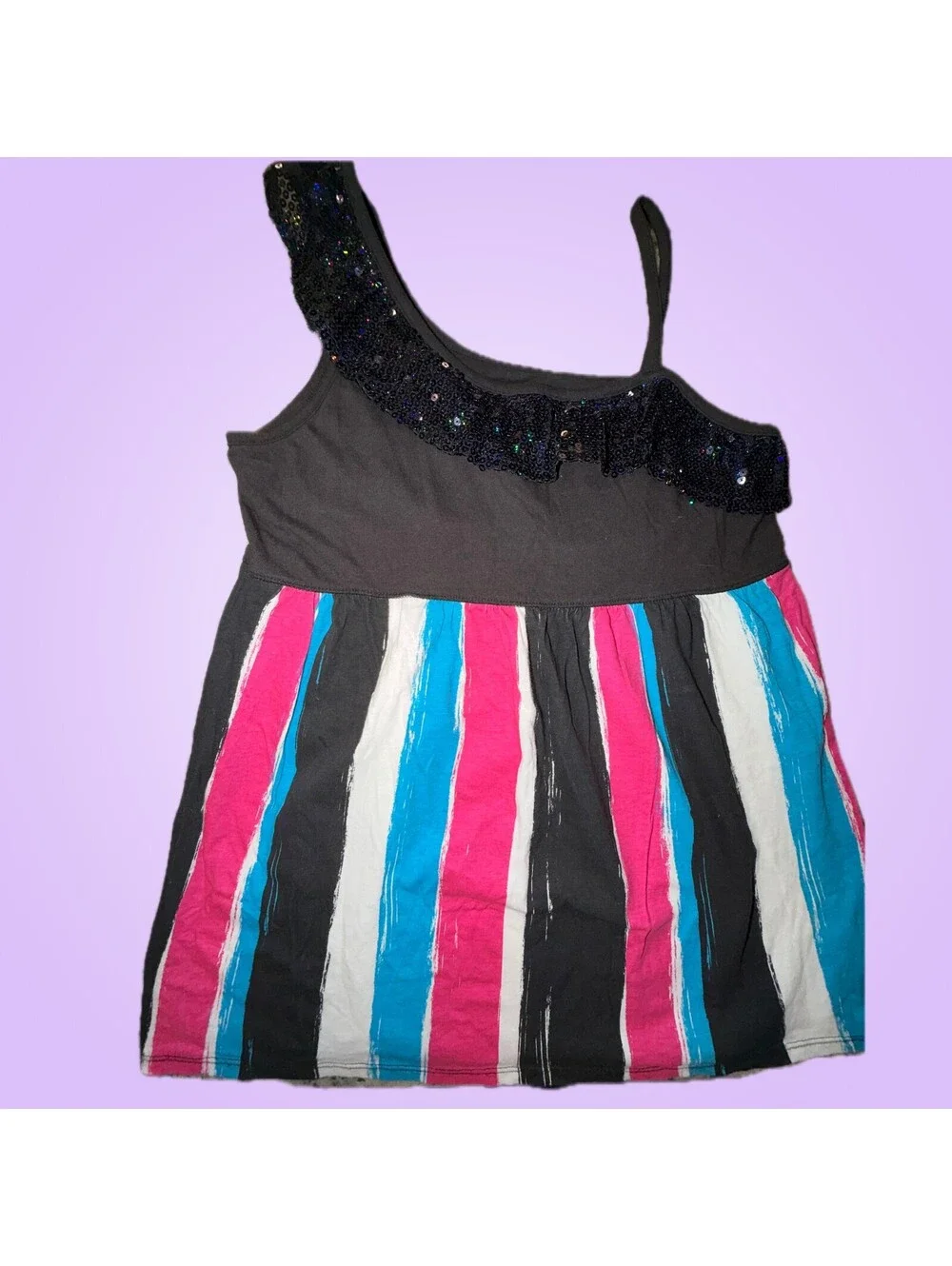 Justice Girls Size 18 Black Sequin One Shoulder Striped Flowy Tank Top